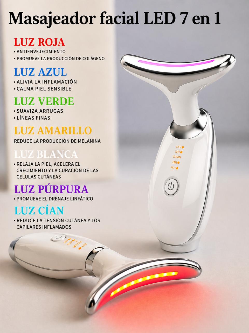 Masajeador Rayzer®️ Facial Antiarrugas Inalámbrico 7 en 1 Luces LED 🔋