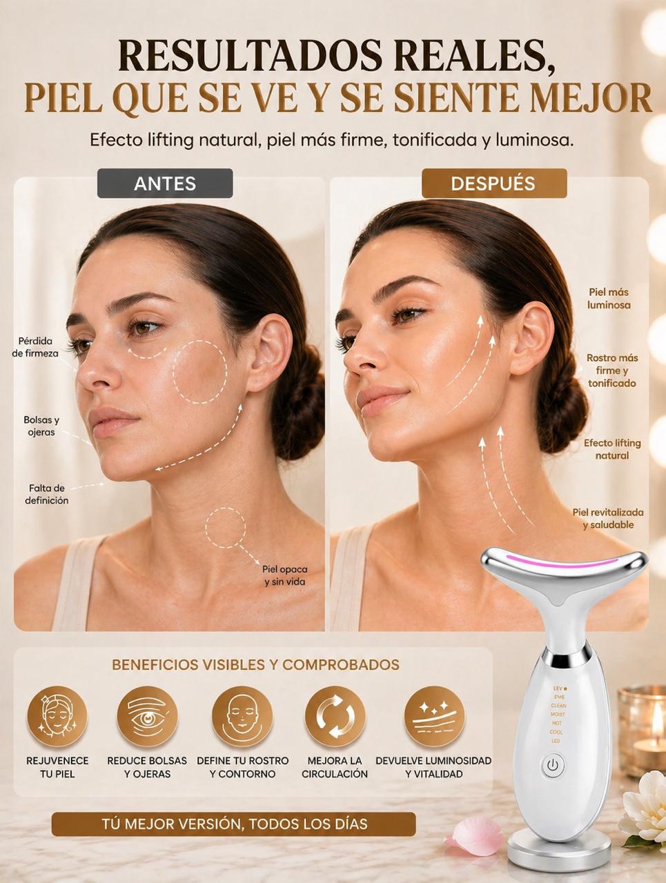 Masajeador Rayzer®️ Facial Antiarrugas Inalámbrico 7 en 1 Luces LED 🔋