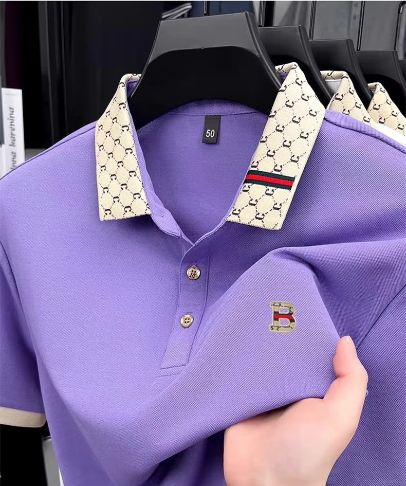 Luxury brand B letter embossed short sleeve polo shirt men summer lightweight breathable new fashion color blocked lapel T-shirt