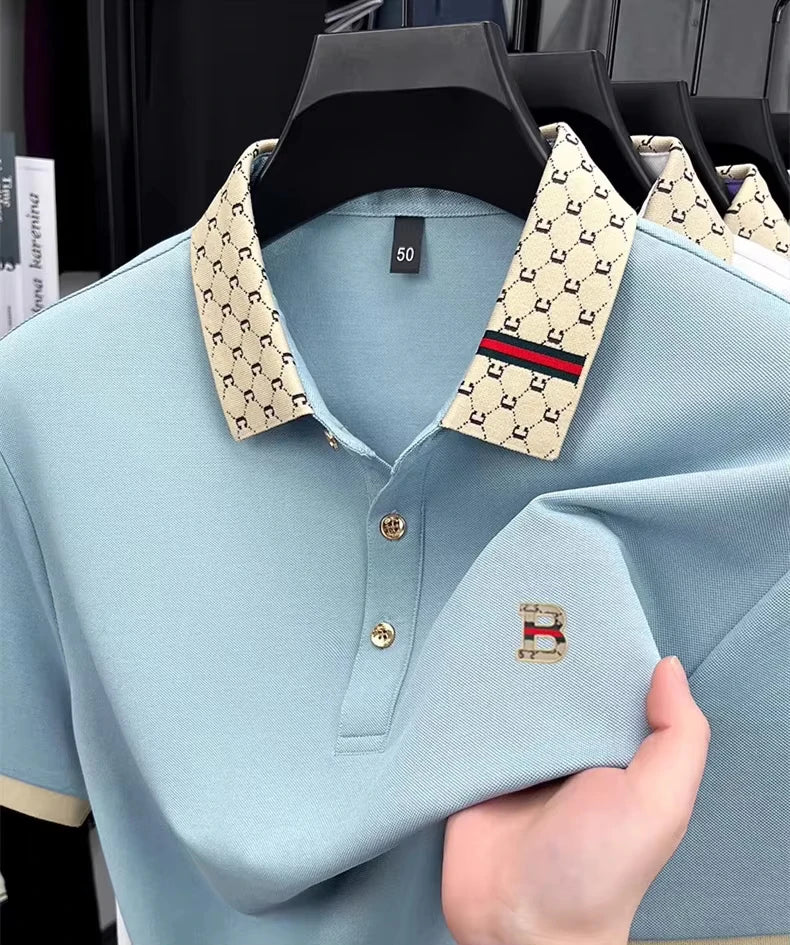 Luxury brand B letter embossed short sleeve polo shirt men summer lightweight breathable new fashion color blocked lapel T-shirt